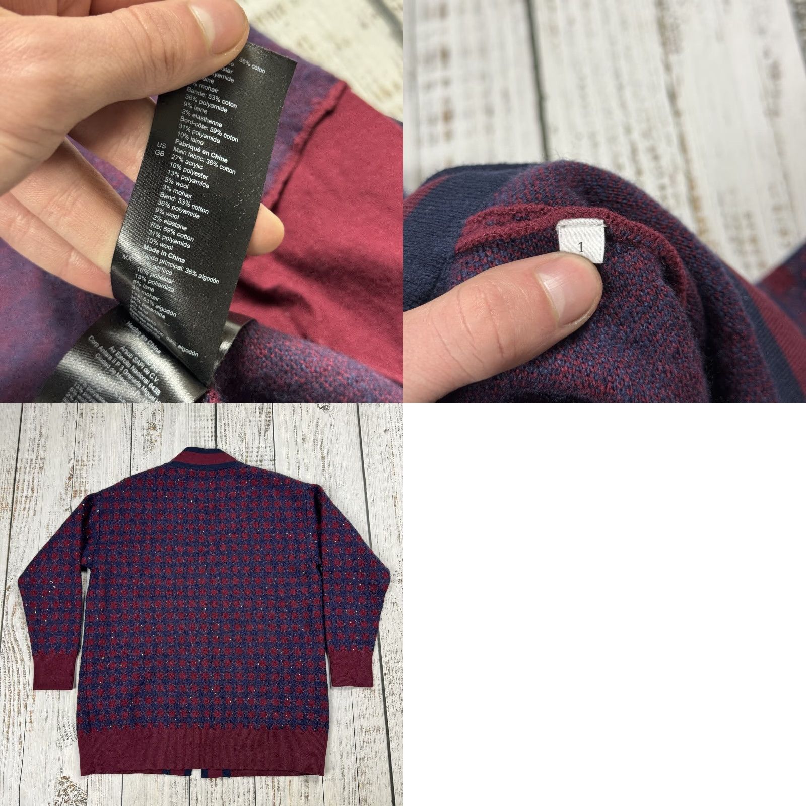 Sandro Sandro Cardigan WOMENS V-NECK CHECKED W/SEQUINS MARINE BORDEAUX PREPPY Size ONE SIZE - 8 Thumbnail