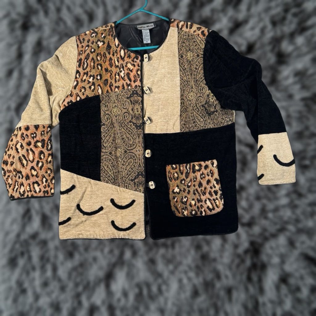 Vintage VINTAGE Indigo Moon Jacket 1X Women Leopard Print Patchwork Whimsigoth Art To Wear Thick Lined Shoulder Pads 90s Retro Fall Spring Winter Size XL / US 12-14 / IT 48-50 - 1 Thumbnail