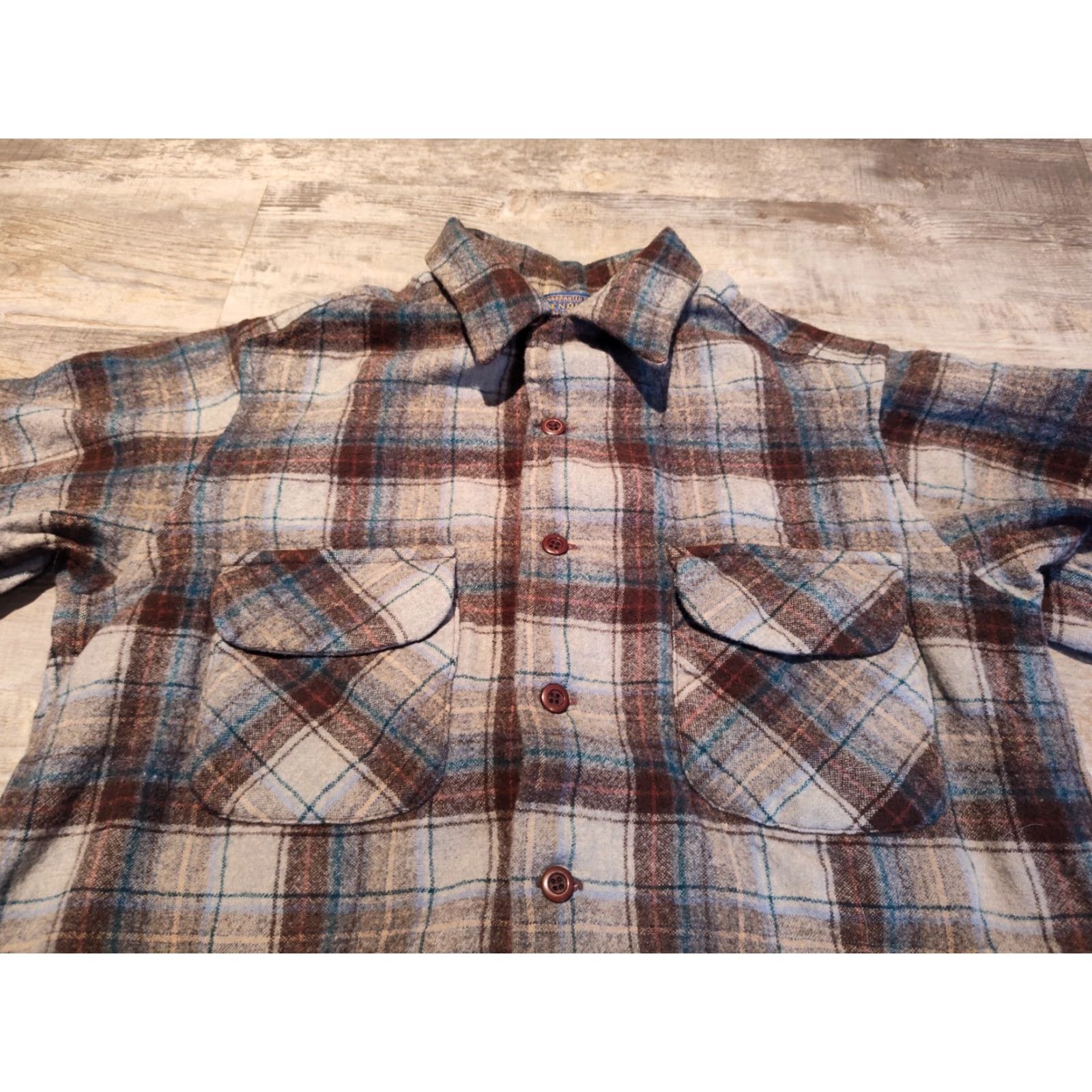 Pendleton VINTAGE Pendleton Board Shirt Button-Up Wool Leather Elbow Patches 60s USA Made Blue Plaid Small Unisex Adults Mens Womens Size US S / EU 44-46 / 1 - 4 Thumbnail