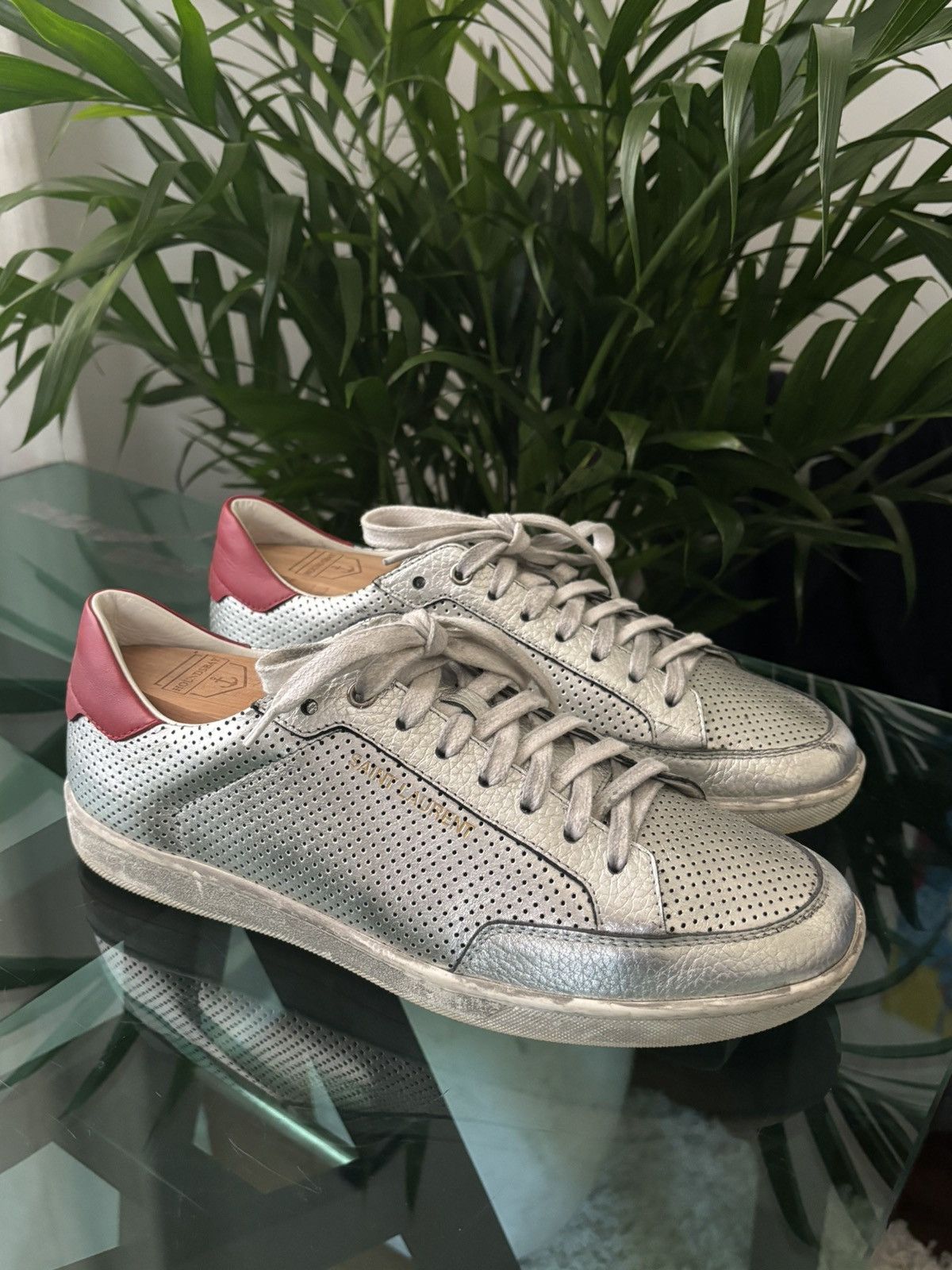 image of Hedi Slimane x Saint Laurent Paris Runway Skate “Metallic” Sneakers Distressed in Silver (Size 8)