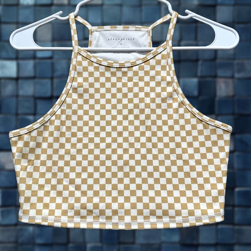 Vintage AÉROPOSTALE Tank Top Womens Medium Beige White Checkered High-Neck Flex Active Size M / US 6-8 / IT 42-44 - 1 Thumbnail
