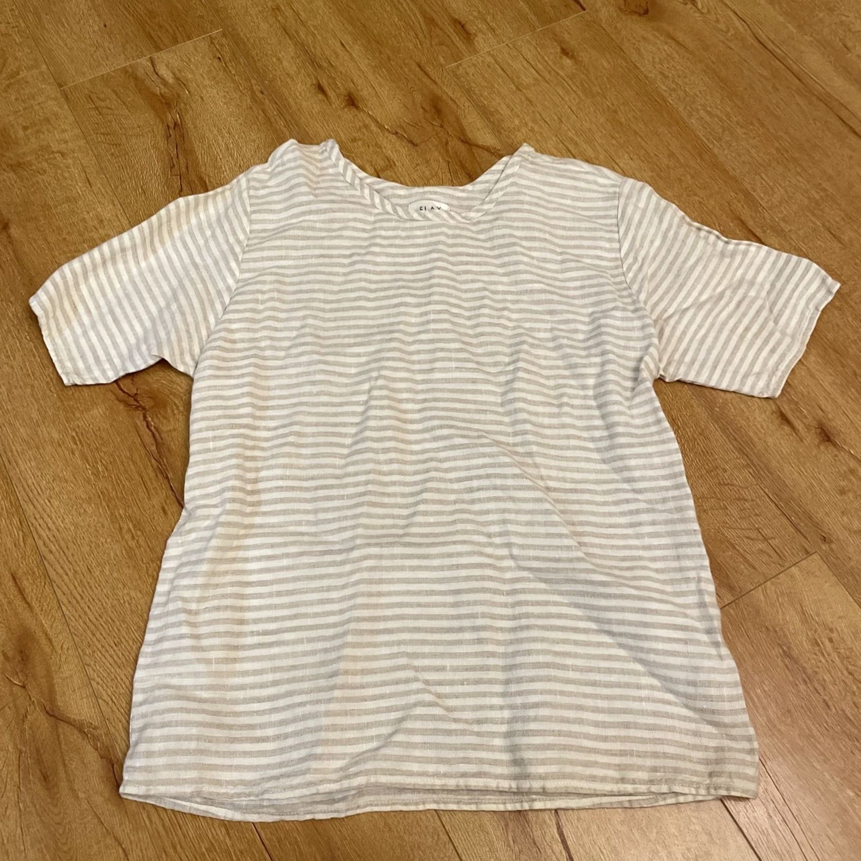 FLAX FLAX by Angelheart Linen Stripe Tan Cream Top Short Sleeve Lagenlook S Boho Shirt Blouse White Beige Linen 100% Women's Slim Regular Vintage: No Size S / US 4 / IT 40 - 2 Thumbnail