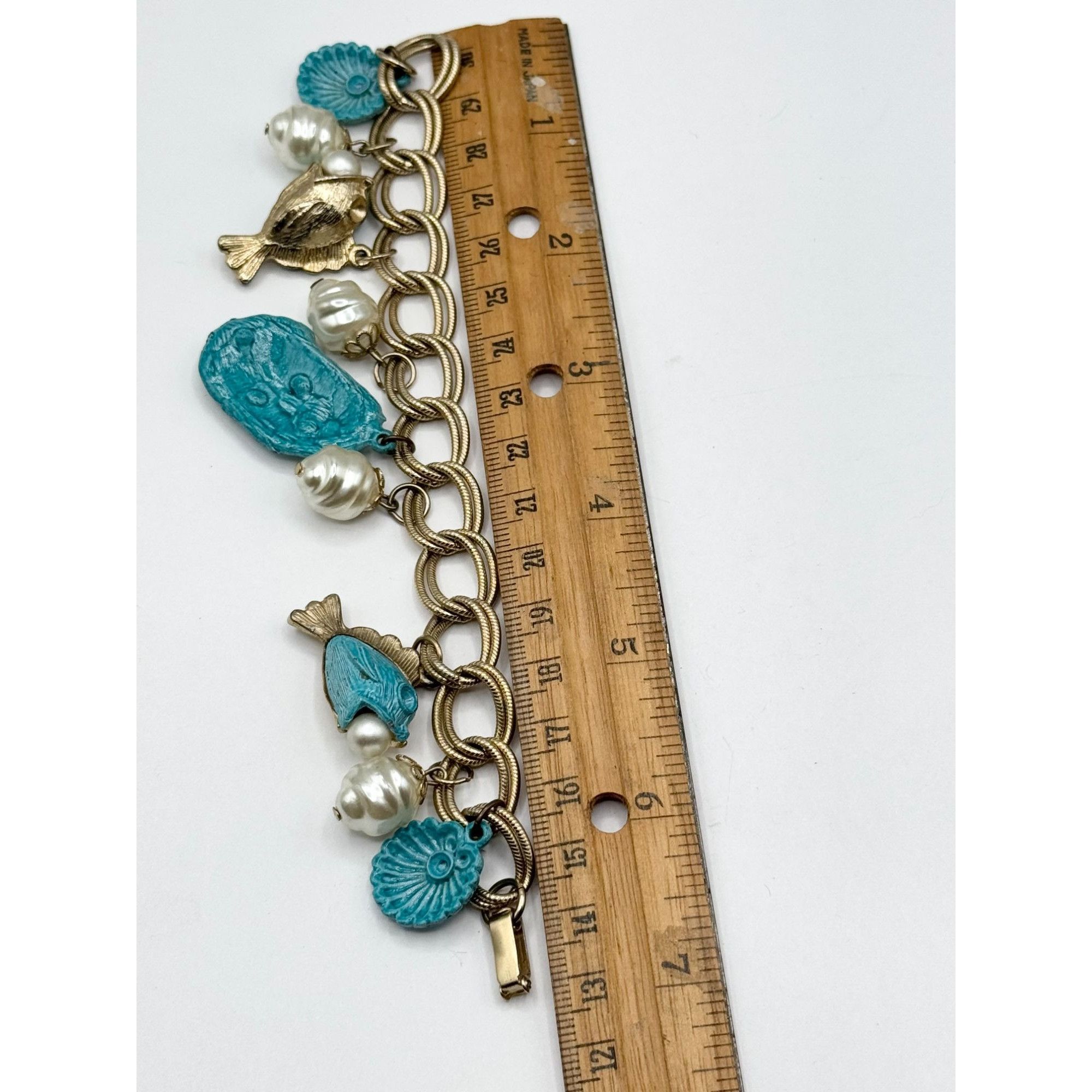 Vintage Vintage Blue Enamel Sea Shell Sea Life Fish Pearl Charm Brac Size ONE SIZE - 6 Thumbnail