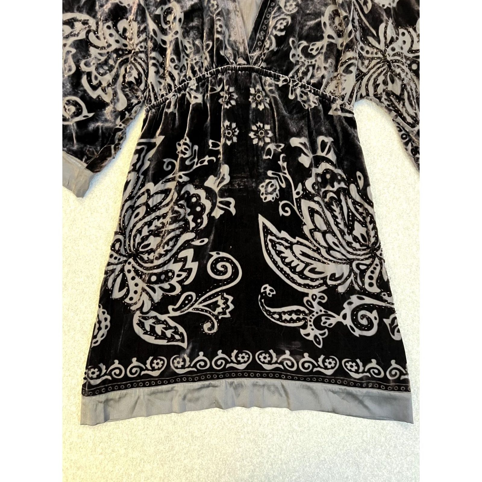 Vintage Hale Bob Dress Womens M Black Velvet Paisley Beaded Kimono Sleeve Short Boho Size 32" / US 10 / IT 46 - 5 Thumbnail