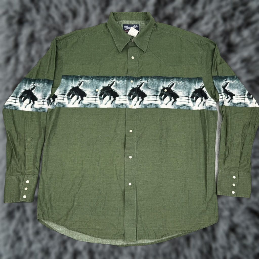 VINTAGE Wrangler Western Shirt Men XL Long Sleeve Green Cotton Cowboy Rodeo Button-up Western Apparel