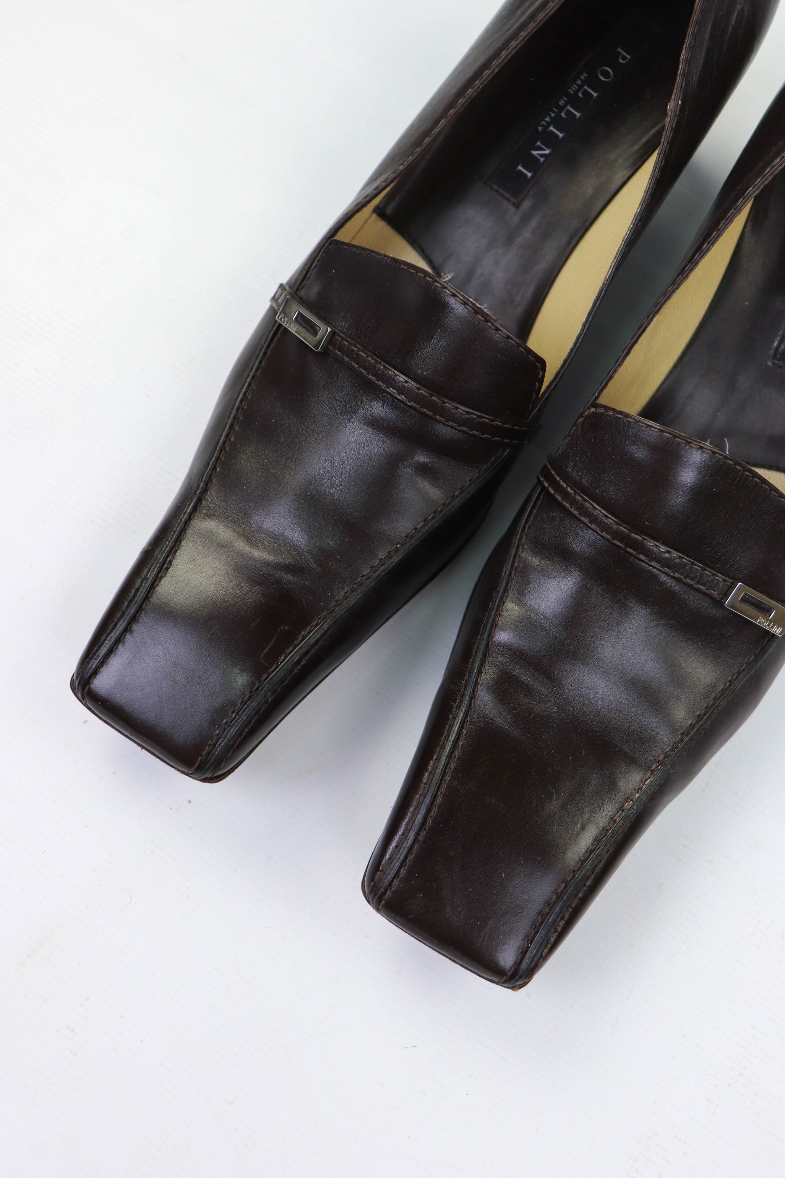 Pollini Vintage Pollini Made in Italy Brown Leather Square Toe Heels Size US 9 / IT 39 - 6 Thumbnail