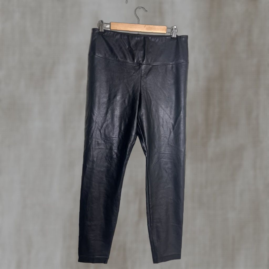 Vintage Catherine Malandrino Pants Womens Large Black Rayon Blend Faux Leather Pull On Skinny High Rise Flat Front Size 36" / US 14 / IT 50 - 1 Thumbnail
