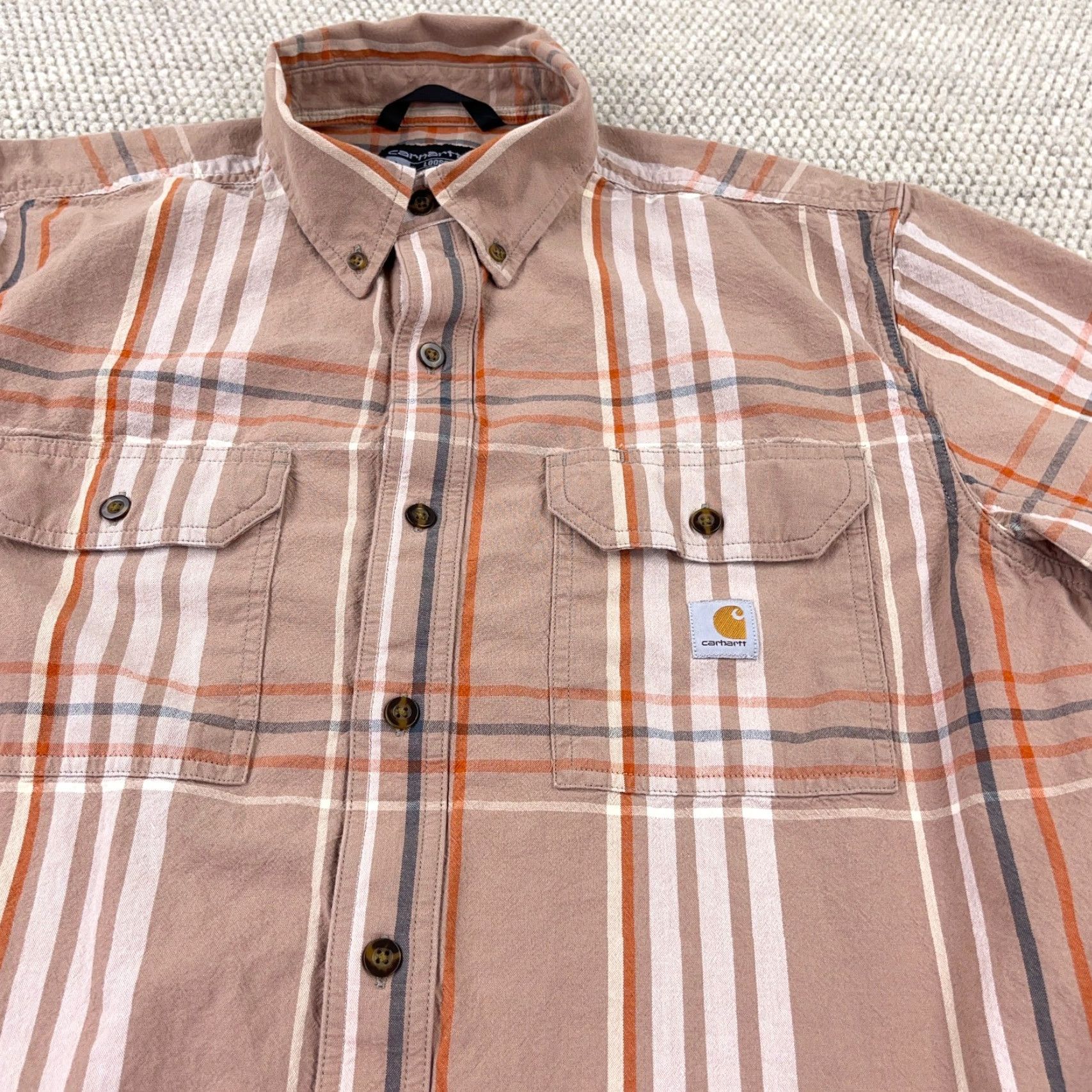 Carhartt VINTAGE Carhartt Shirt Men Large Tan Orange Plaid Button Up Loose Fit Workwear Pockets Size US L / EU 52-54 / 3 - 5 Thumbnail