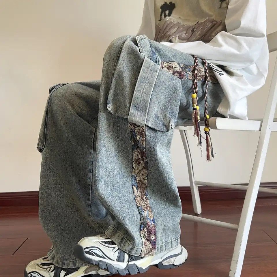 image of Distressed Denim Flowers Patchwork Cargo Denim Pant in Blue, Men's (Size 29)