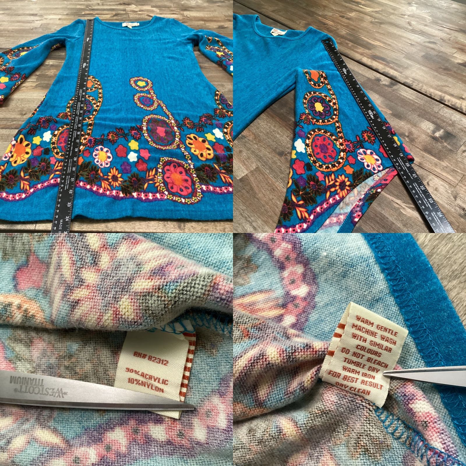 Anthropologie Aryeh Anthropologie Sweater Dress Women M Blue Flowers Flare Sleeve Boho Retro Knee Length Knit Pullover Size M Blue Womens Dress } Size M / US 6-8 / IT 42-44 - 8 Thumbnail