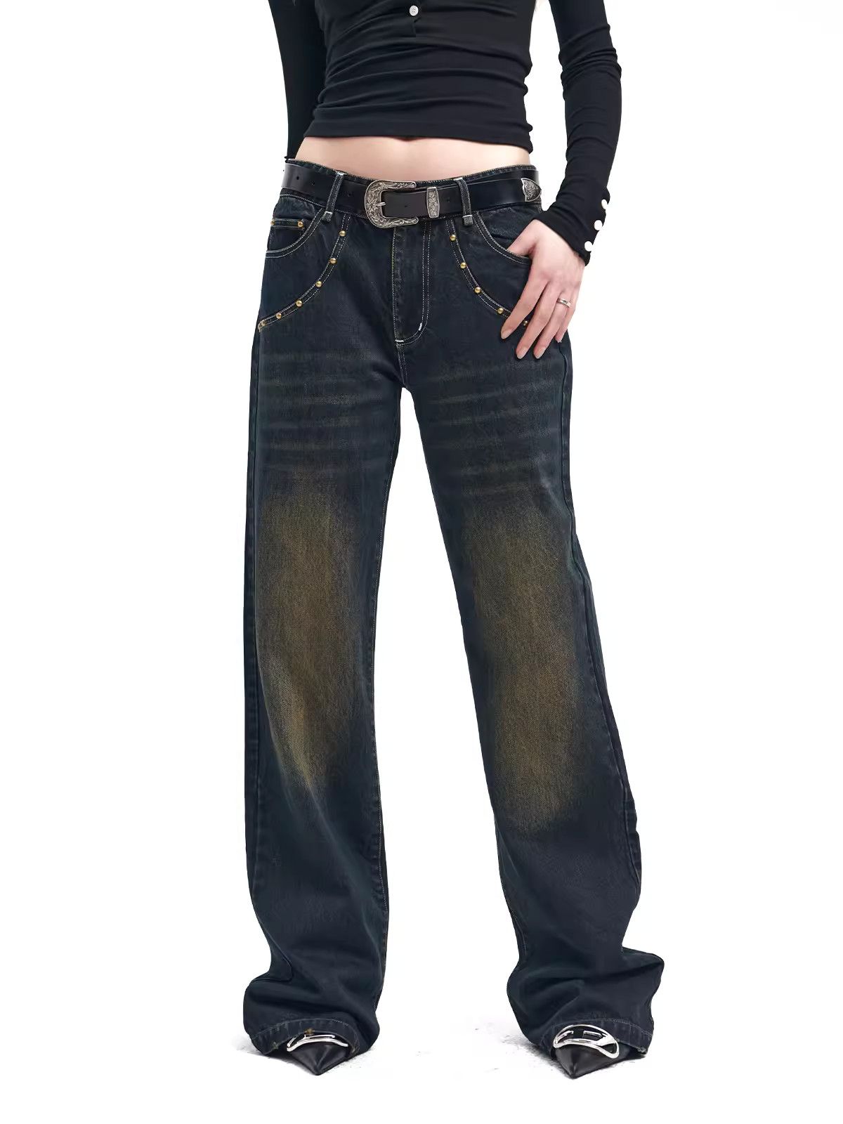 image of Loose-Cut Wide-Leg Jeans With A Vintage Design in Black, Women's (Size 29)
