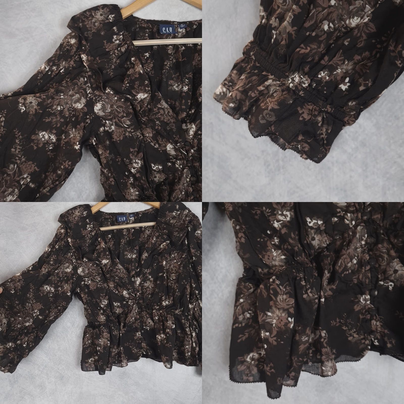 Gap Gap Blouse Womens Medium Brown Floral Ruffle Collar Peplum Sheer V-Neck Button Front Long Sleeve Casual Fall Womens Size M / US 6-8 / IT 42-44 - 8 Thumbnail