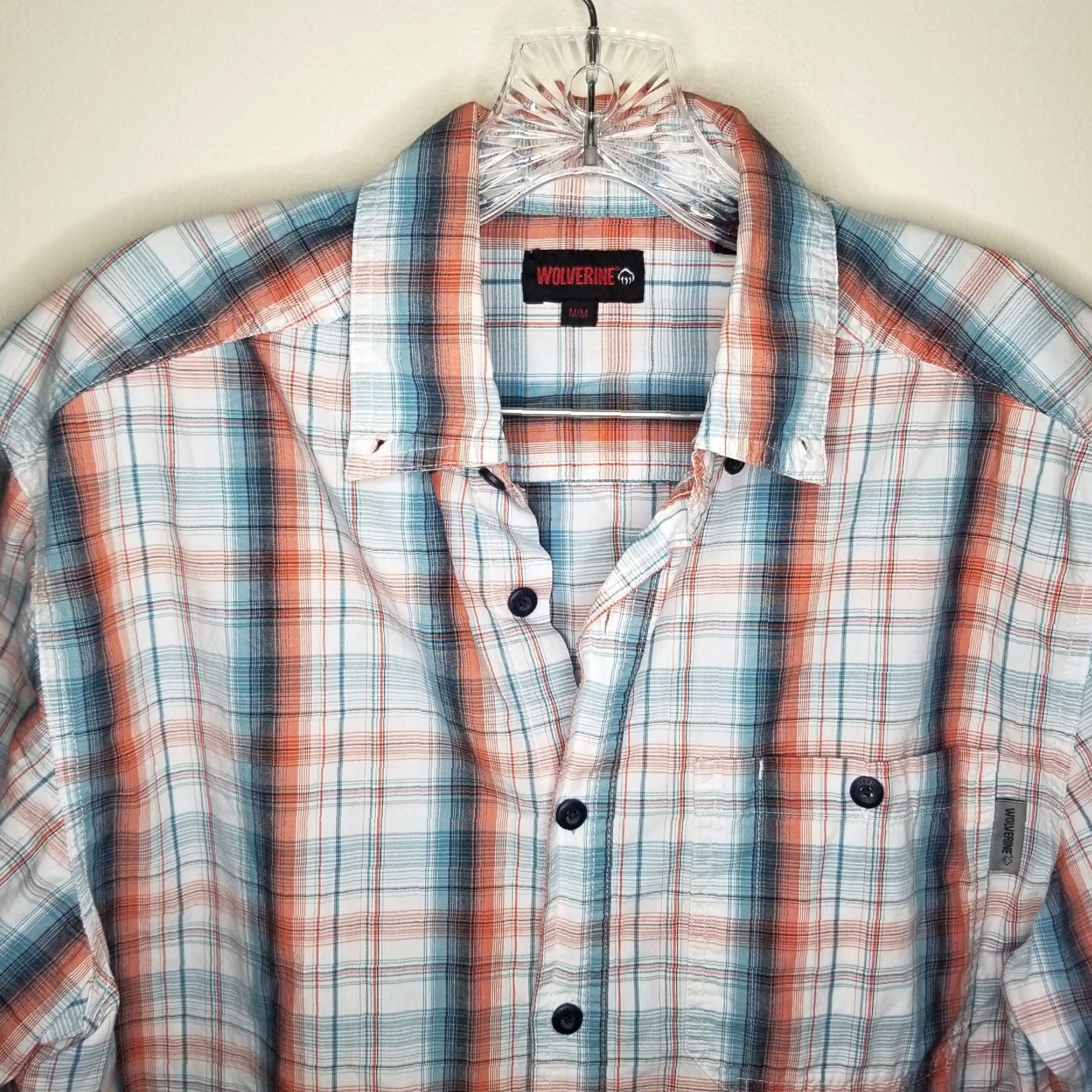 Vintage Wolverine Button-Up Shirt Mens Short Sleeve Plaid Lightweight Blue Orange Size M Size US 31 - 3 Thumbnail