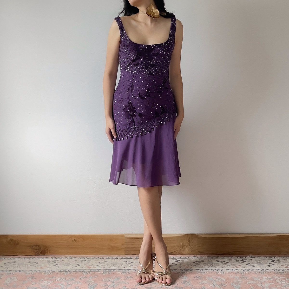 Alex Evenings Vintage Purple Silk Burnout & Chiffon Beaded Dress (S–M) Size M / US 6-8 / IT 42-44 - 5 Thumbnail