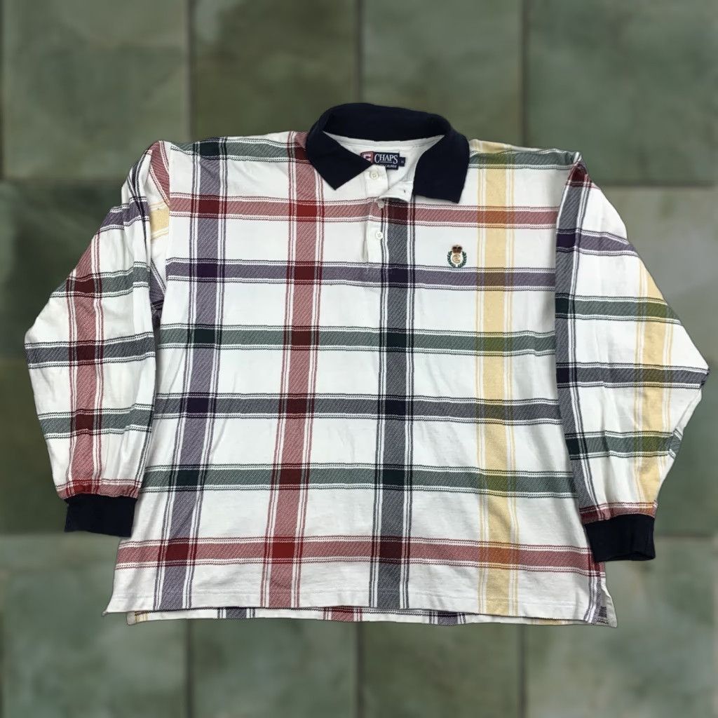 VINTAGE Chaps Polo Shirt Plaid Long Sleeve Collared Rugby Mens XL Multicolor 90s American Brand: Chaps
