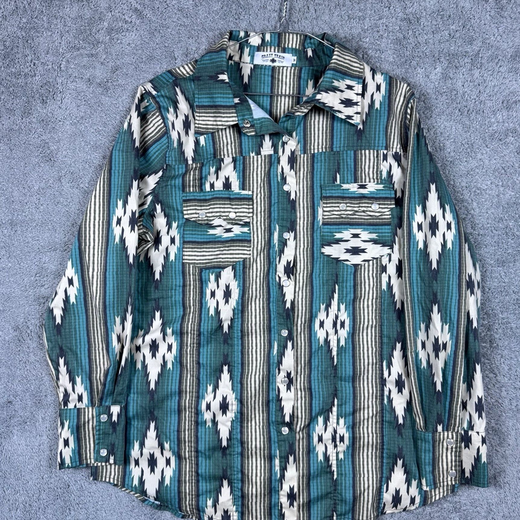 Vintage Crazy Train Pearl Snap Shirt Womens M Vintage Cowgirl Aztec Sawtooth 90s Western Size M / US 6-8 / IT 42-44 - 3 Thumbnail