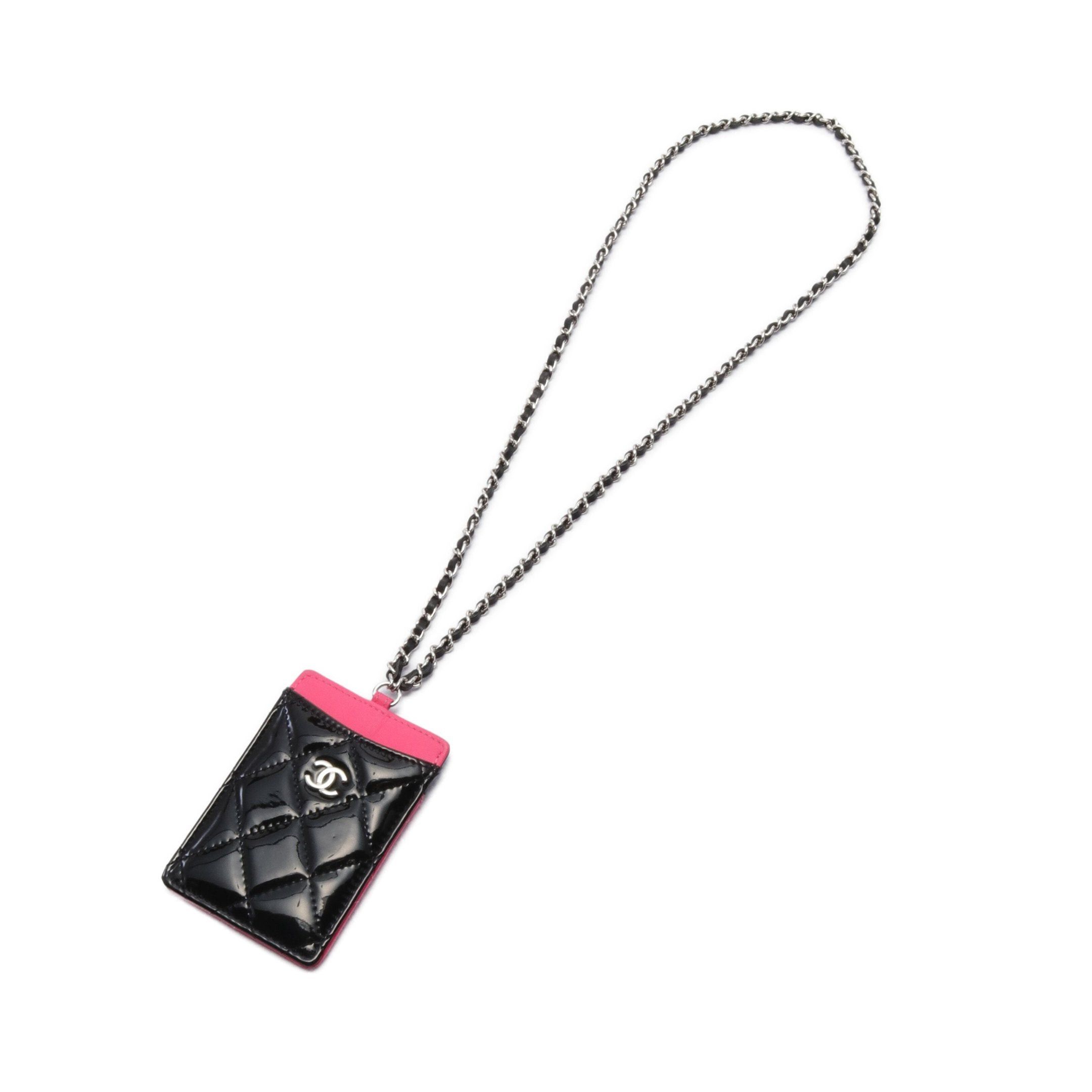 image of Chanel Matelasse Card Case Patent Leather Black Pink Purple Silver Hardware With Chain Ginza Limite