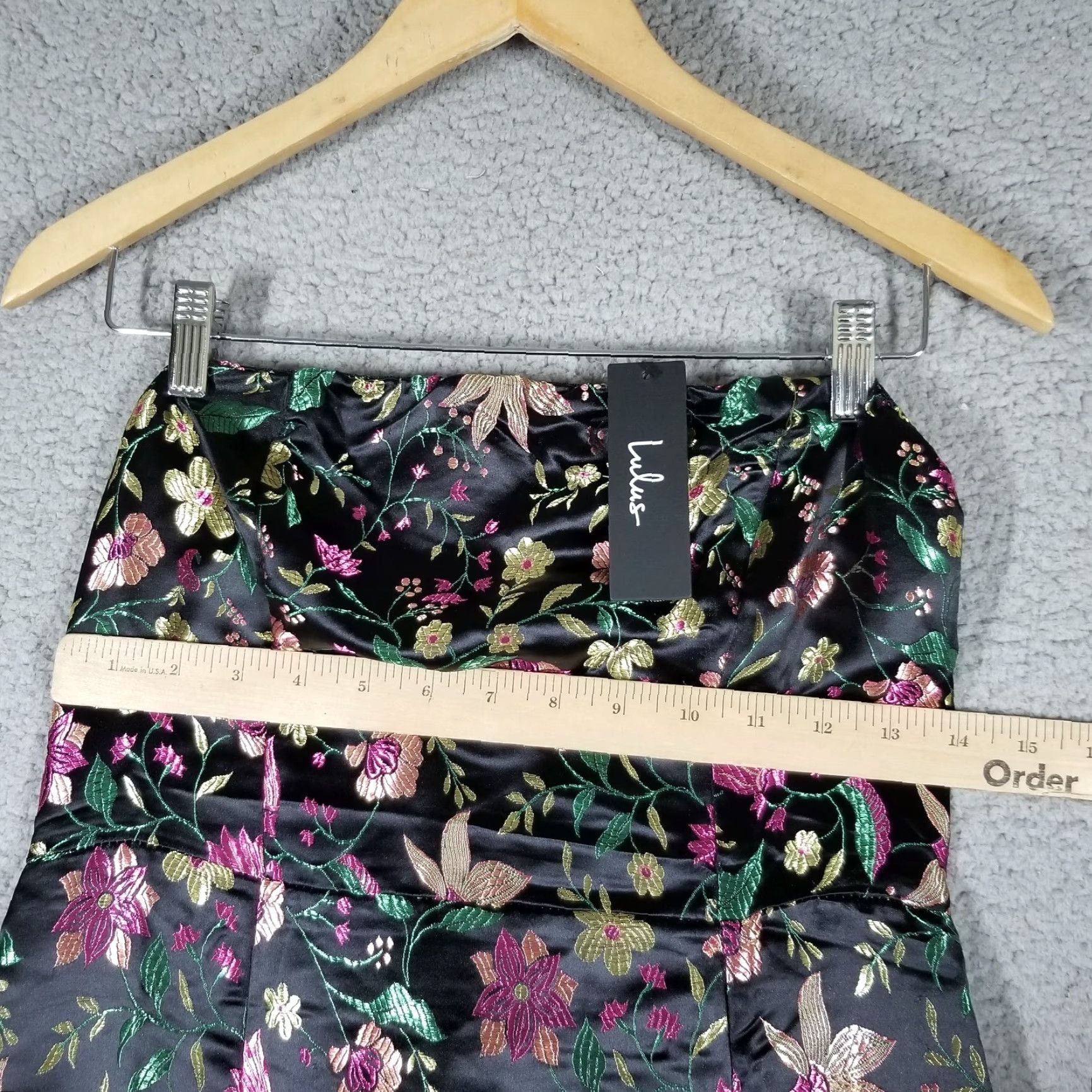 Lulus Make a Move Black Satin Floral Jacquard Strapless Midi Dress NWT Medium
