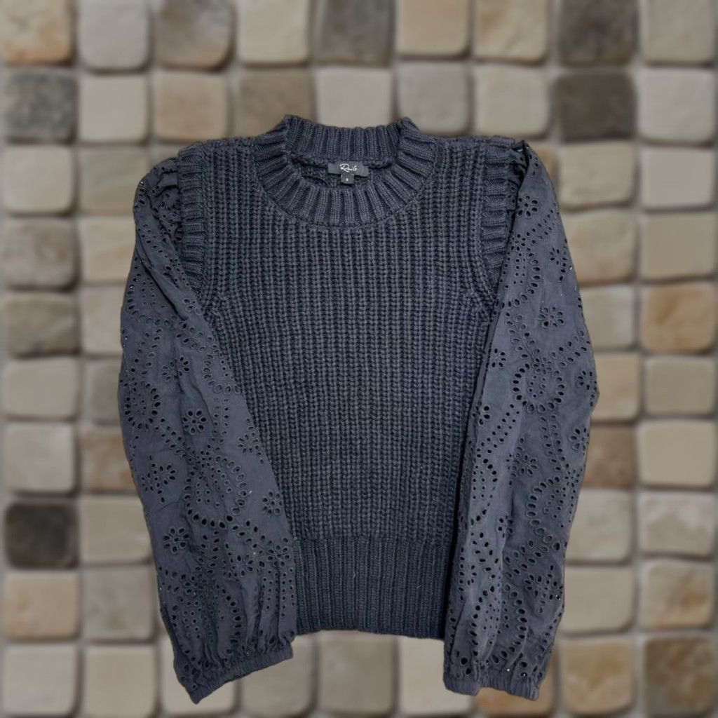 Rails Rails Sweater Womens Small Black Cotton Broderie Eyelet Sleeve Knit Crew Neck Pullover Casual Modern Classic 90s? Size S / US 4 / IT 40 - 1 Thumbnail