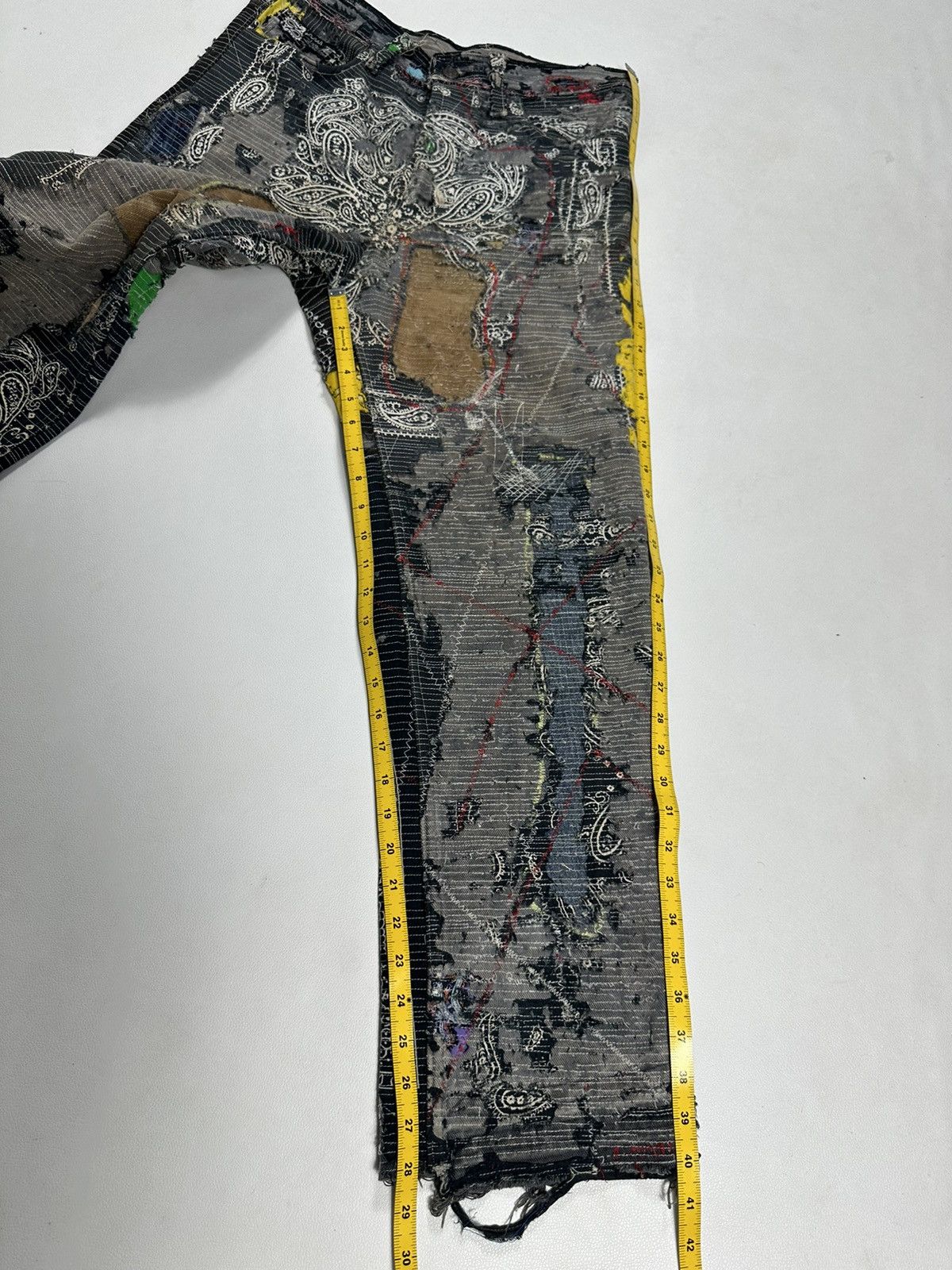 Handmade Custom Made Distressed Paisley Patchwork hemless Jeans pants Size US 30 / EU 46 - 17 Thumbnail