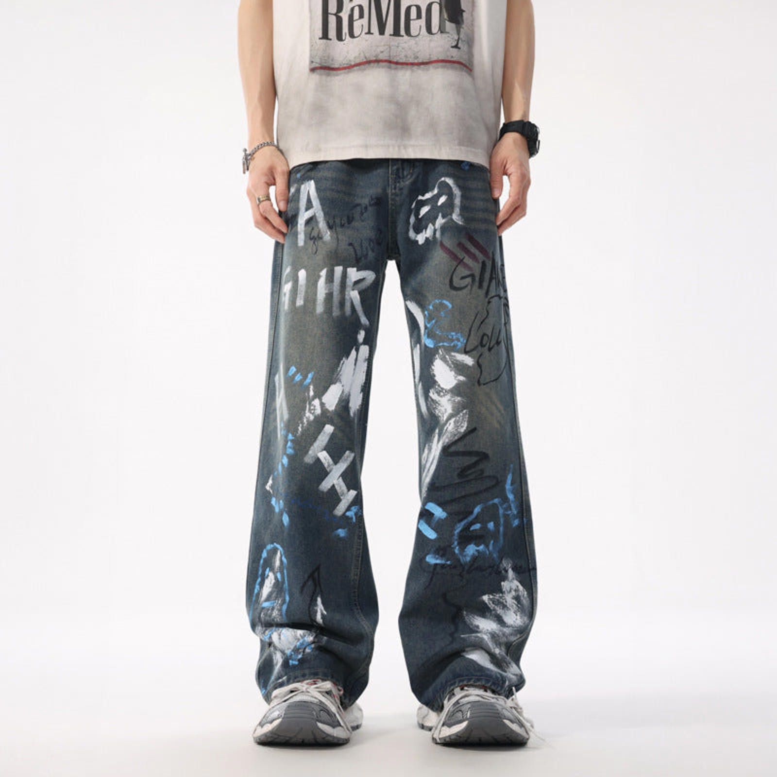 Jean Blue Relaxed Fit Painted Effect Denim Jeans Size US 30 / EU 46 - 7 Thumbnail