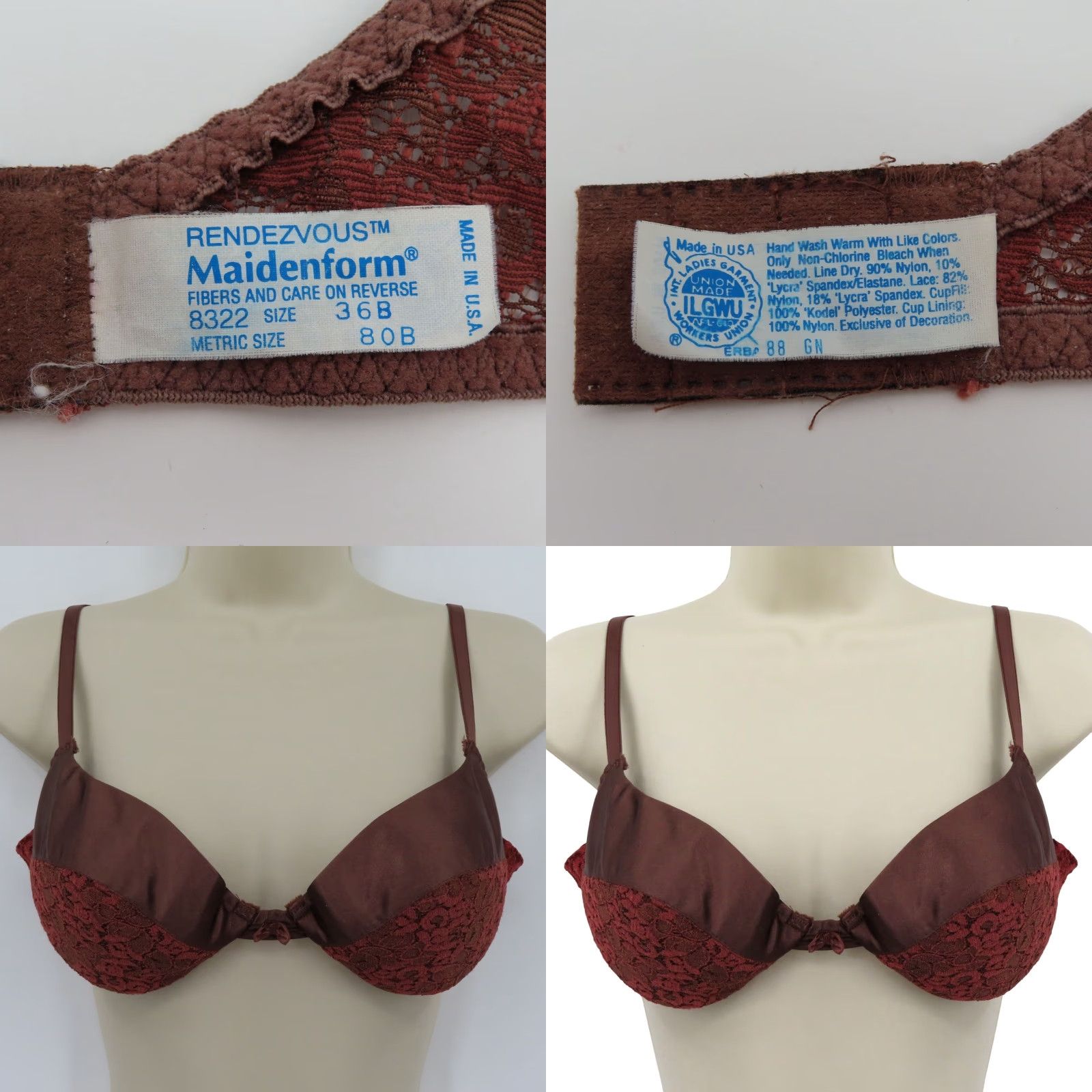 Vintage VTG Maidenform Bra 36B Rendezvous Underwire Padded Lace Brown Satin Bow Size ONE SIZE - 9 Thumbnail