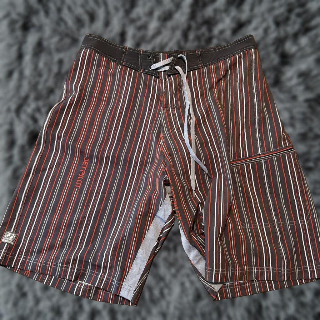 Vintage Jet Pilot Swim Trunks Board Shorts Mens 32 Black Striped Beach Surfing 10in Inseam Bamboo? No manter. Size US 32 / EU 48 - 1 Thumbnail