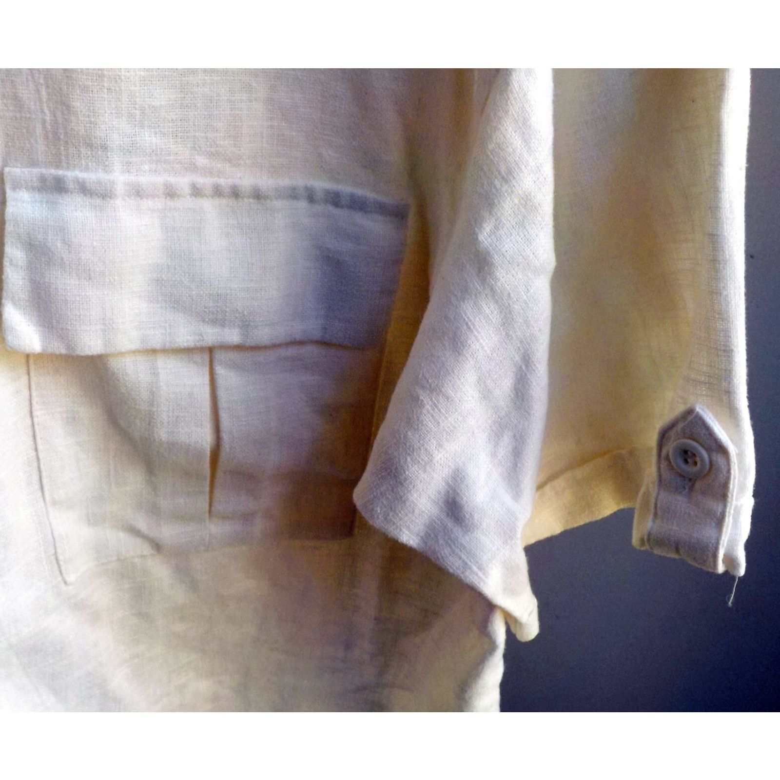 Vintage Successol Uomo SS Shirt Ivory 100% Linen Button-Front XL Shirt Men Short Sleeve Casual Button-Up, Ivory, XL, Linen, 100% Size US XL / EU 56 / 4 - 2 Thumbnail