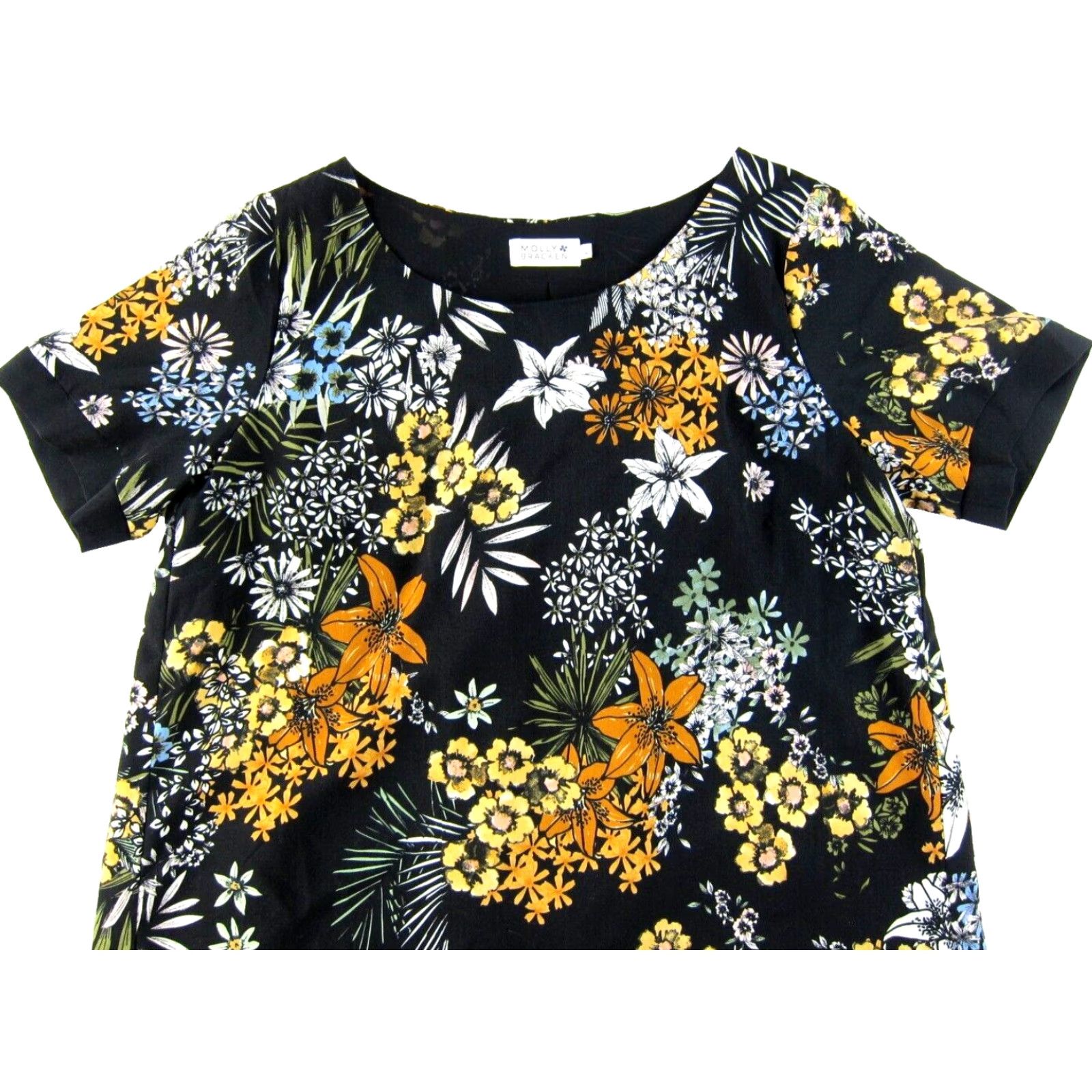 Vintage MOLLY BRACKEN Floral Short Sleeve Shift Dress L Women Black Green Yellow Green Lined Polyester Knee Length Casual Formal Wedding 90s? Size 36" / US 14 / IT 50 - 4 Thumbnail