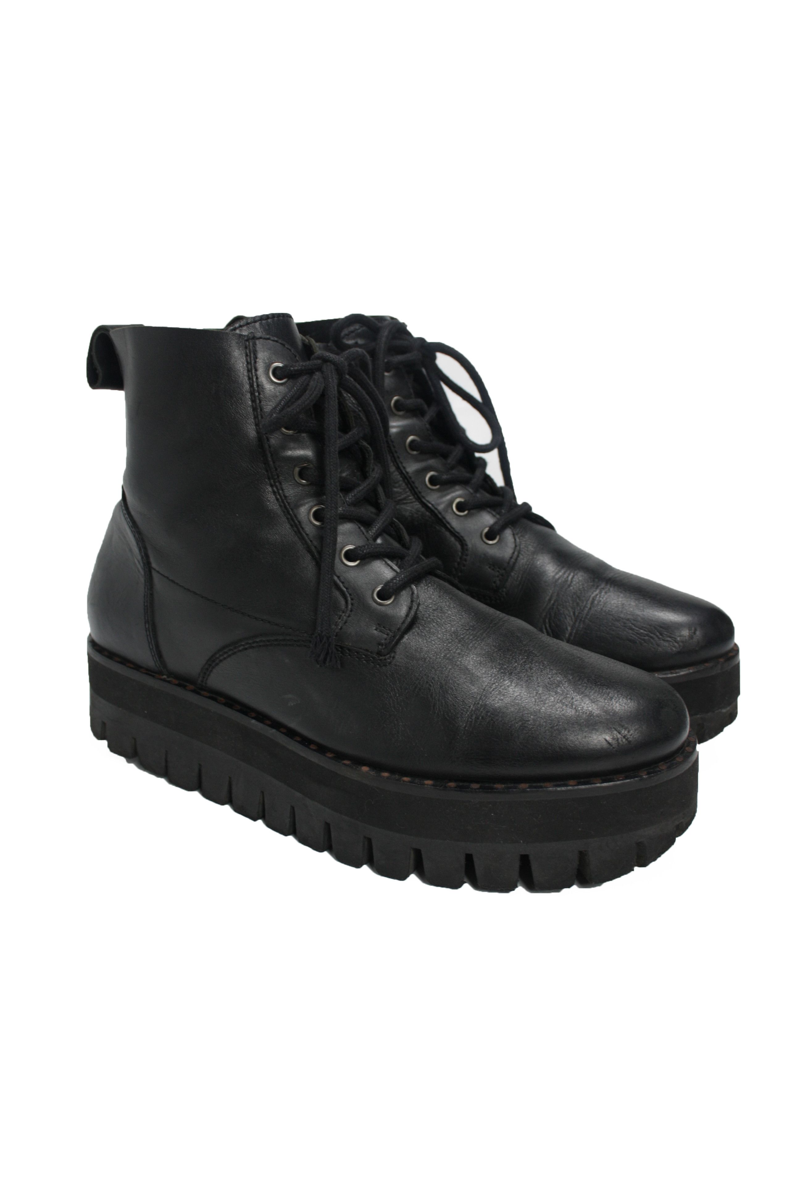 image of Buffalo London Vinage Platform Combat Military Leather Boots in Black, Women's (Size 9)