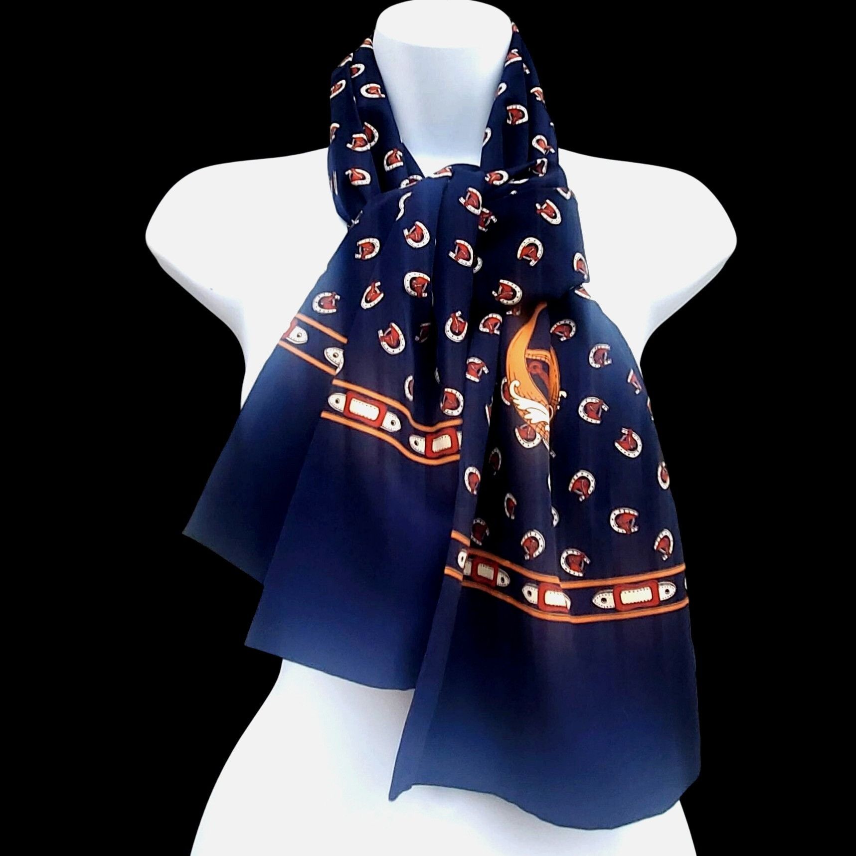 Vintage Vintage Horse Scarf Equestrian Retro Rectangular Navy Brown Size ONE SIZE - 3 Thumbnail