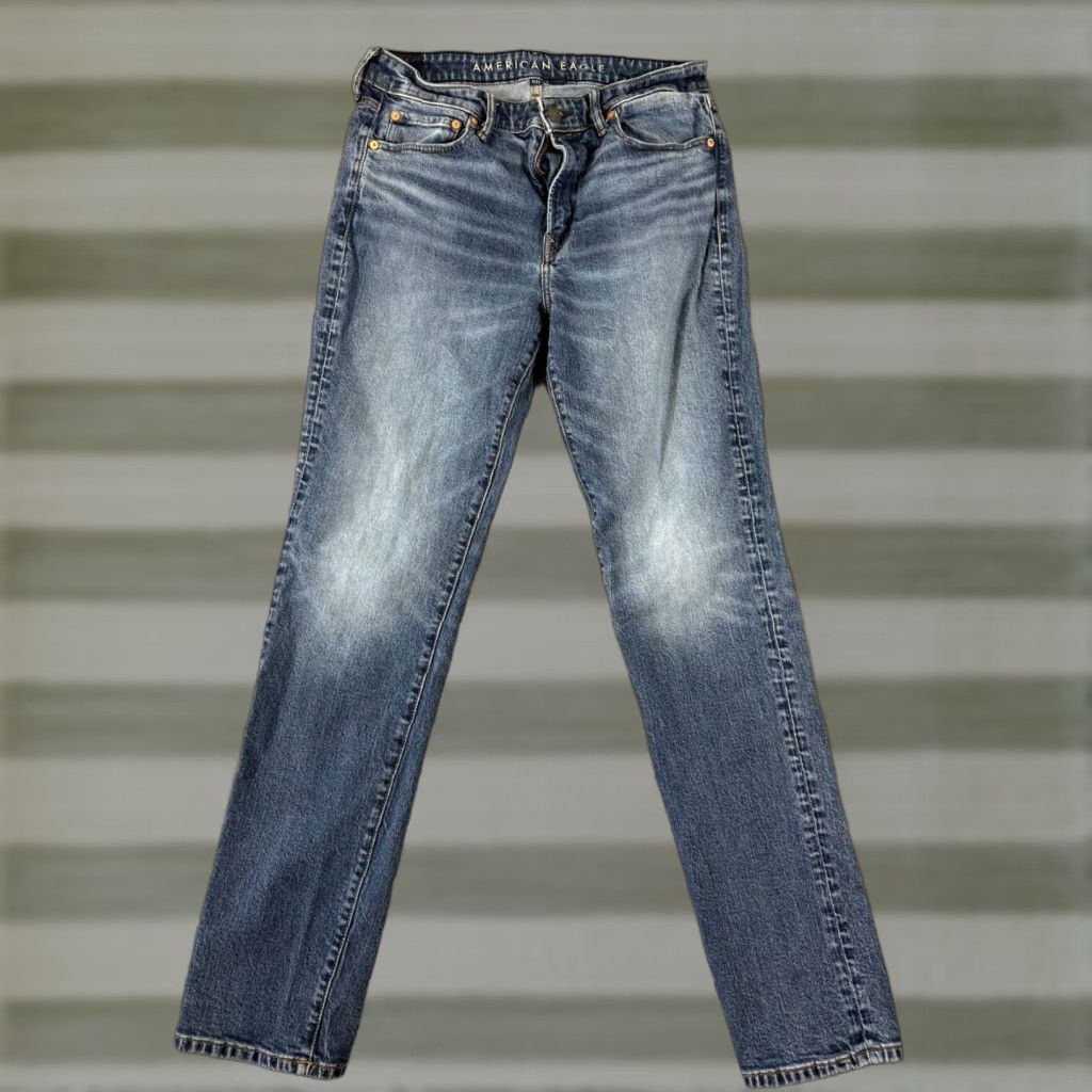 American Eagle Outfitters American Eagle Jeans Mens 32x36 Blue Denim Stretch Slim Straight Flex Whiskering Pockets 5-Pocket Design Inseam 35 Tight City Streetwear Y2K Mens Size US 32 / EU 48 - 1 Thumbnail