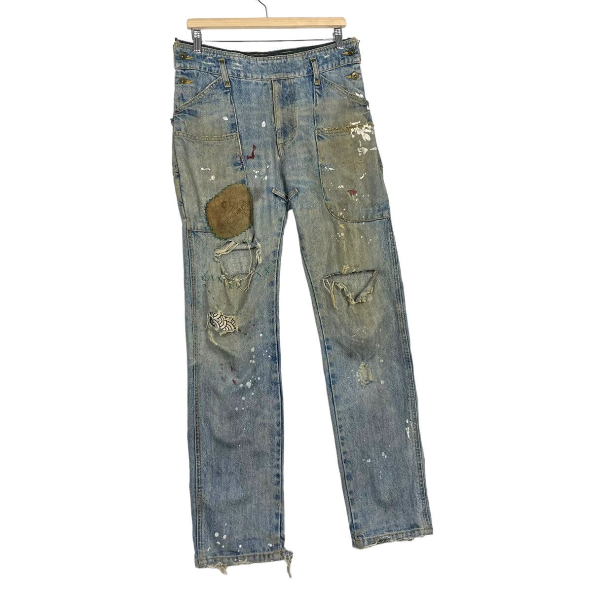 Japanese Brand THRASHED💥BLUE UNION MADE PAINTER DISTRESSED DENIM JEAN Size US 32 / EU 48 - 3 Thumbnail