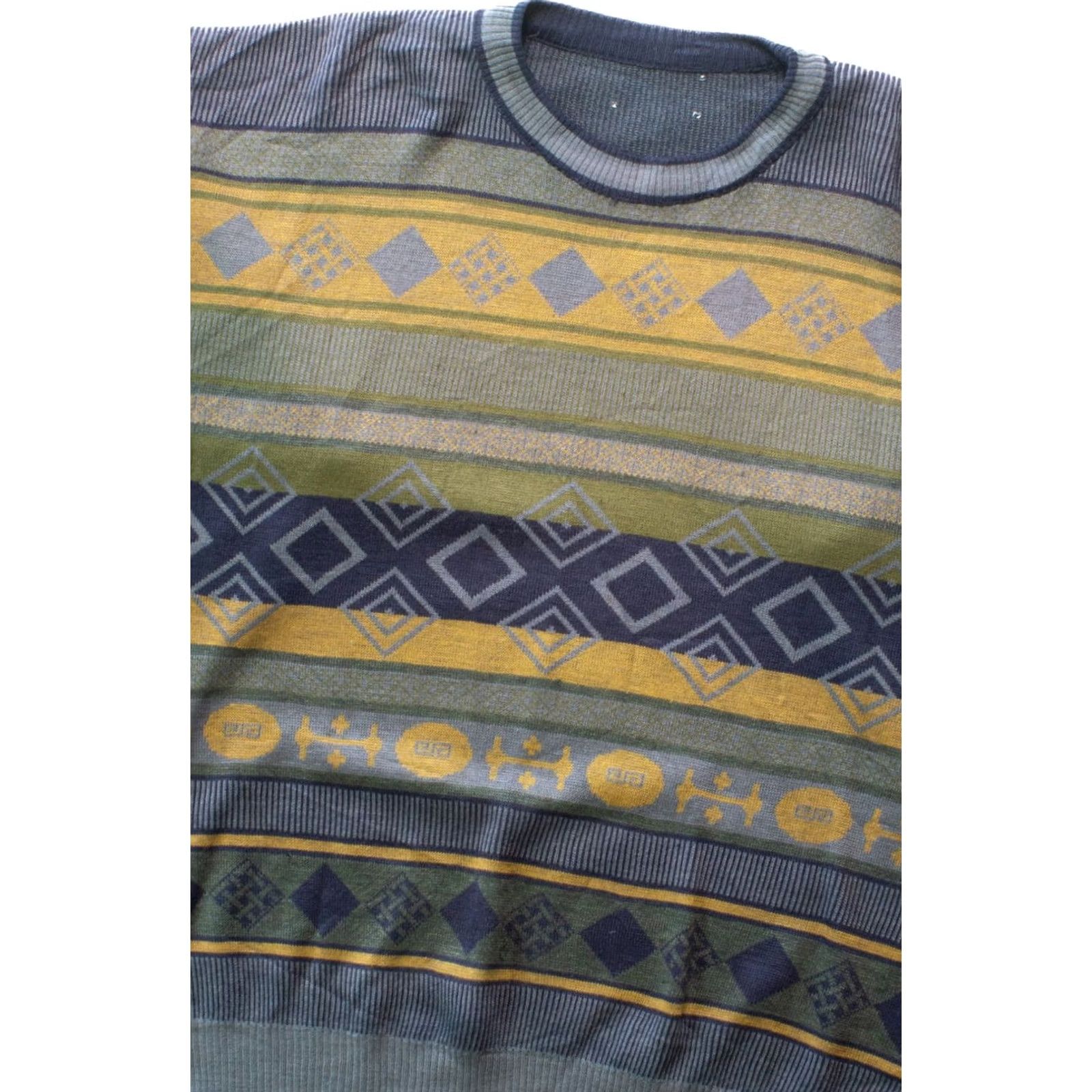 Vintage VINTAGE 80s Blue Sweater Geometric Pattern Wool / Acrylic Large Pullover Top Size L / US 10 / IT 46 - 2 Thumbnail