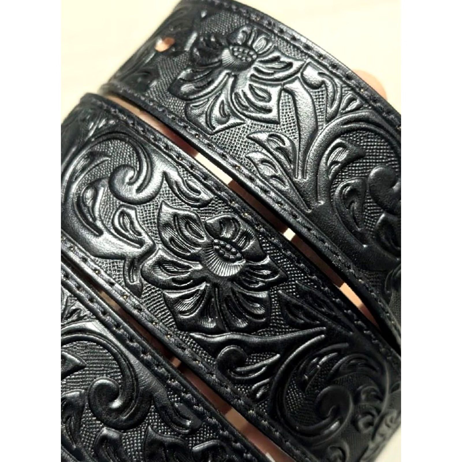 Vintage VINTAGE Justin belt Western Belt 1-1/2" black floral tooled cowhide leather Made in USA 44 Mens Size 44 - 2 Thumbnail