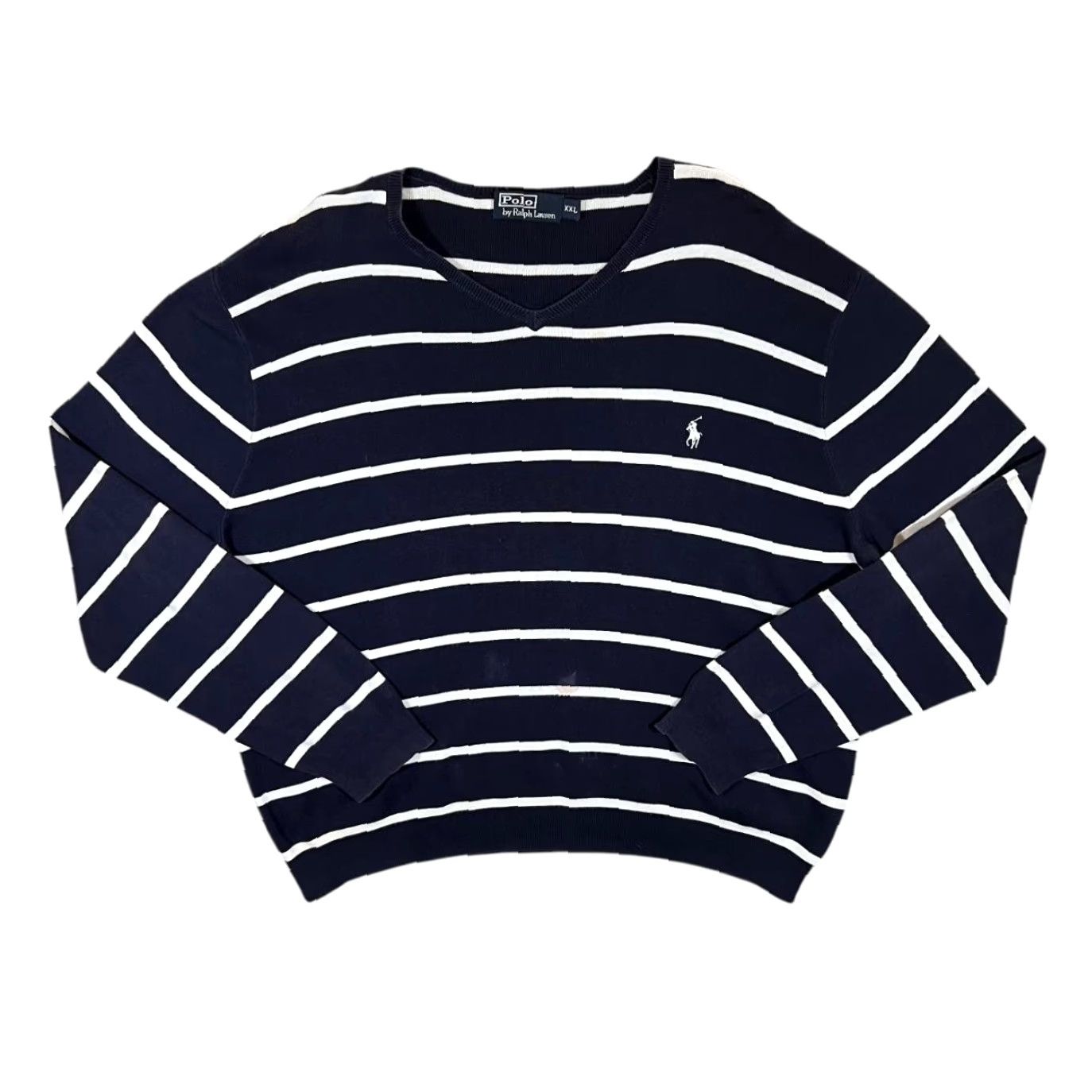 Polo Ralph Lauren POLO RALPH LAUREN Mini Logo Navy White Striped V-Neck Sweater Jumper XL (Best fits XXL) Mens Pullover Size US XL / EU 56 / 4 - 2 Thumbnail
