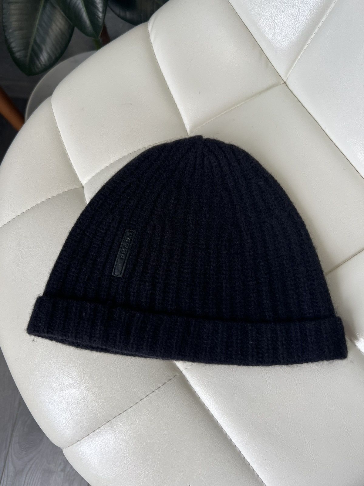 Prada Dark Navy Wool Ribbed Beanie Hat With Leather Tab Logo - Main Image
