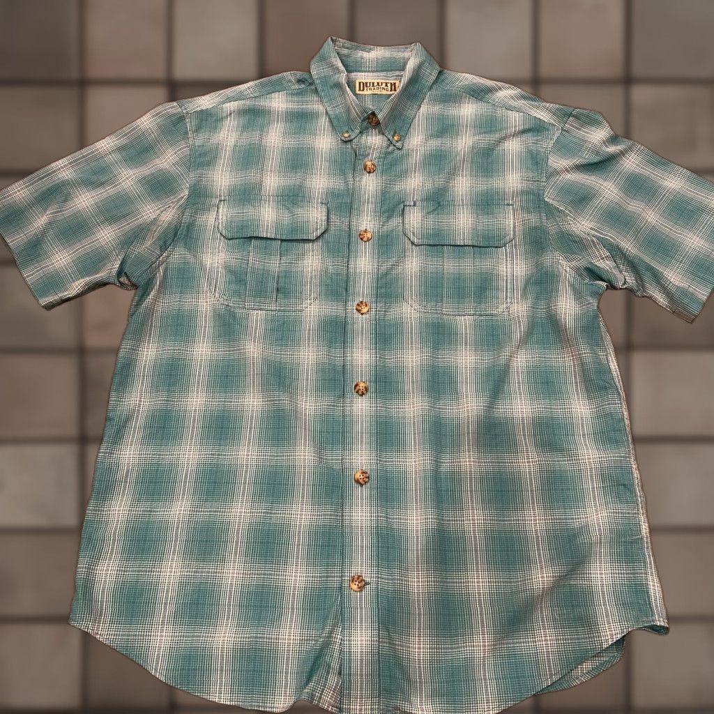 CO Duluth Shirt Blue Plaid Button-Down Short Sleeve Mens L Casual Business Travel Workwear Size US L / EU 52-54 / 3 - 1 Thumbnail