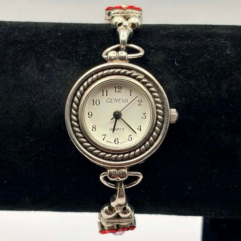 Geneva Silver & Red Floral Geneva Watch Size ONE SIZE - 2 Thumbnail