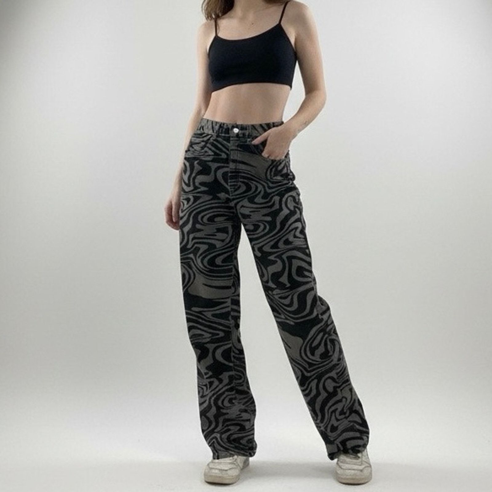 Shein SHEIN High Rise Grey & Black Abstract Swirl Statement Pants Size 28" / US 6 / IT 42 - 1 Thumbnail