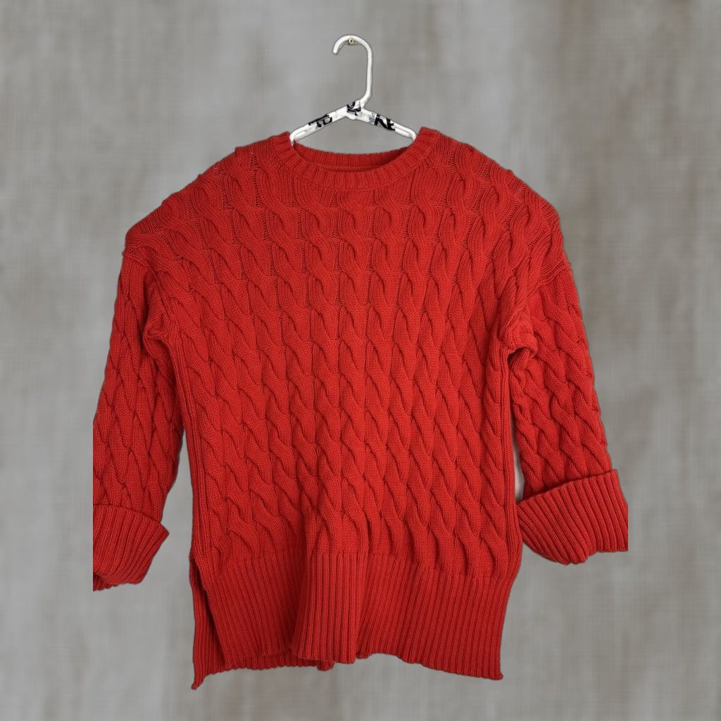 J.Crew VINTAGE? No — Actually J.Crew M-L Cotton Cable Knit Side Slit Crew Sweater Red-Orange Oversized BM401 Size L / US 10 / IT 46 - 1 Thumbnail