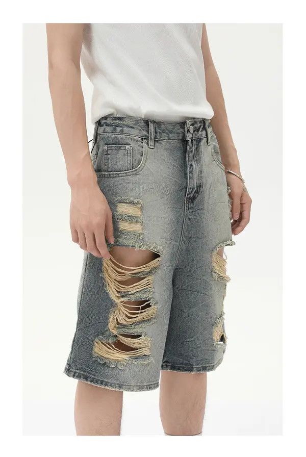 Japanese Brand Jun Men's retro distressed straight punk washed denim shorts Size US 32 / EU 48 - 5 Thumbnail