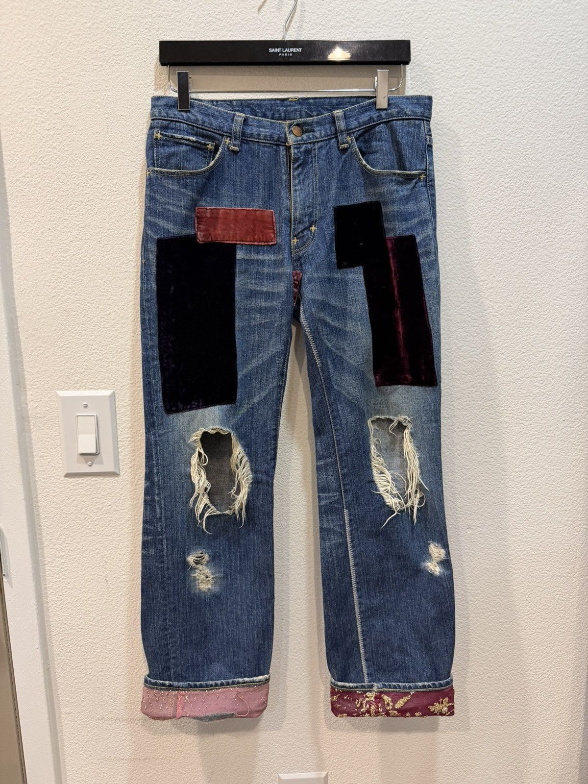 Number (N)ine AW03 Kurt Cobain Velvet Patch Denim Jeans 2 Size US 31 - 1 Thumbnail