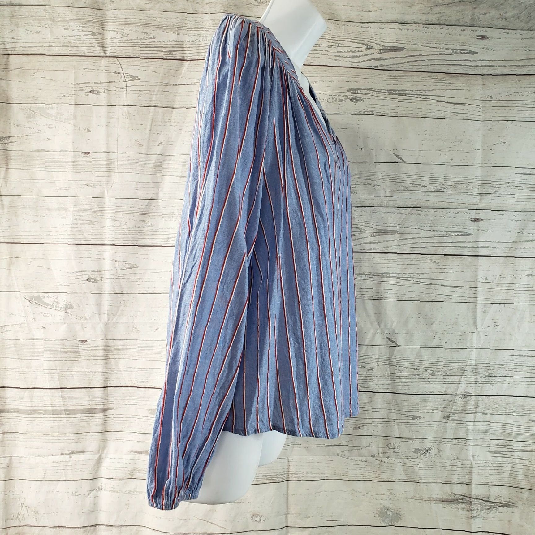 Gap Gap Blouse Shirt Blue Striped Long Sleeve V-Neck 100% Cotton M Womens Size M / US 6-8 / IT 42-44 - 3 Thumbnail