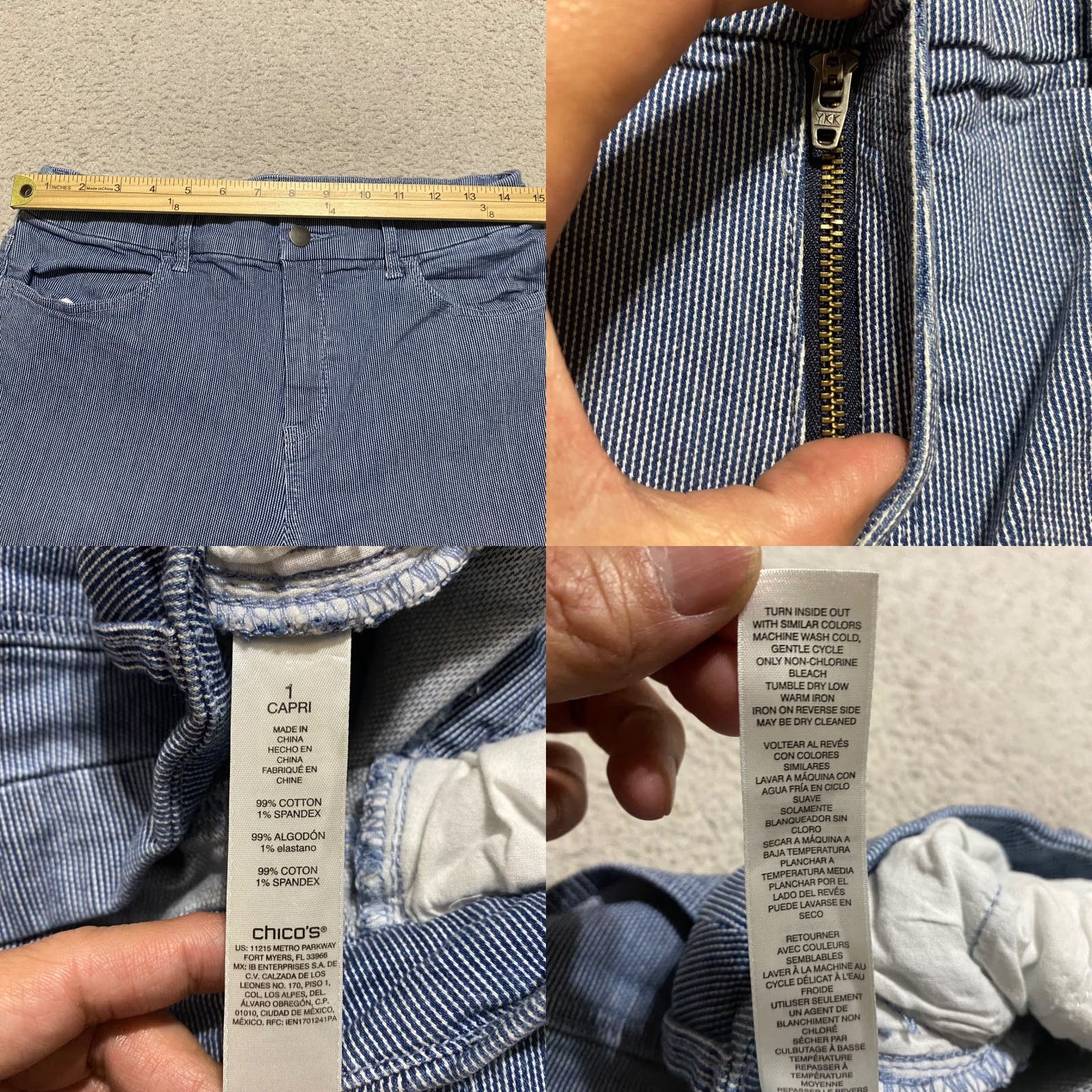Vintage Chico's Womens Pants Blue Striped Capri High Rise Straight M Adults 29 In Waist Cotton Spandex Comfortable Pockets Casual 20.5 In Inseam Size 29" - 8 Thumbnail