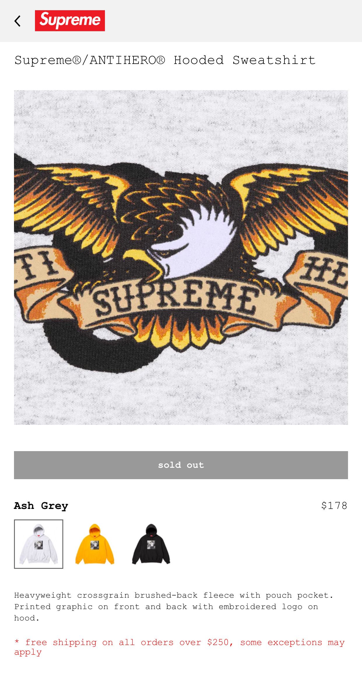 Supreme Supreme®/ANTIHERO® Hooded Sweatshirt Size US L / EU 52-54 / 3 - 6 Thumbnail