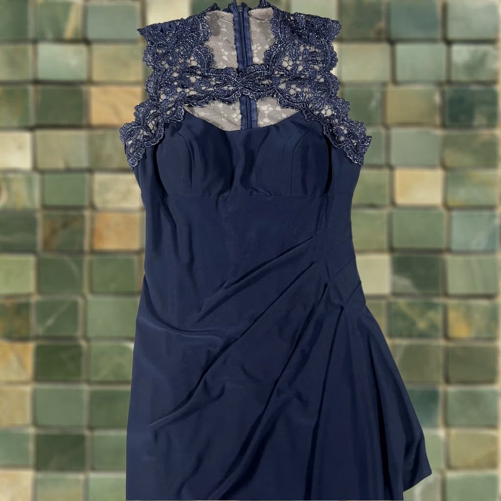Vintage Cache' Navy Blue Net & Lace Key Hole Midi Dress - Sleeveless Ruched Waist Formal 2 NWT 14575 Size XS / US 0-2 / IT 36-38 - 1 Thumbnail