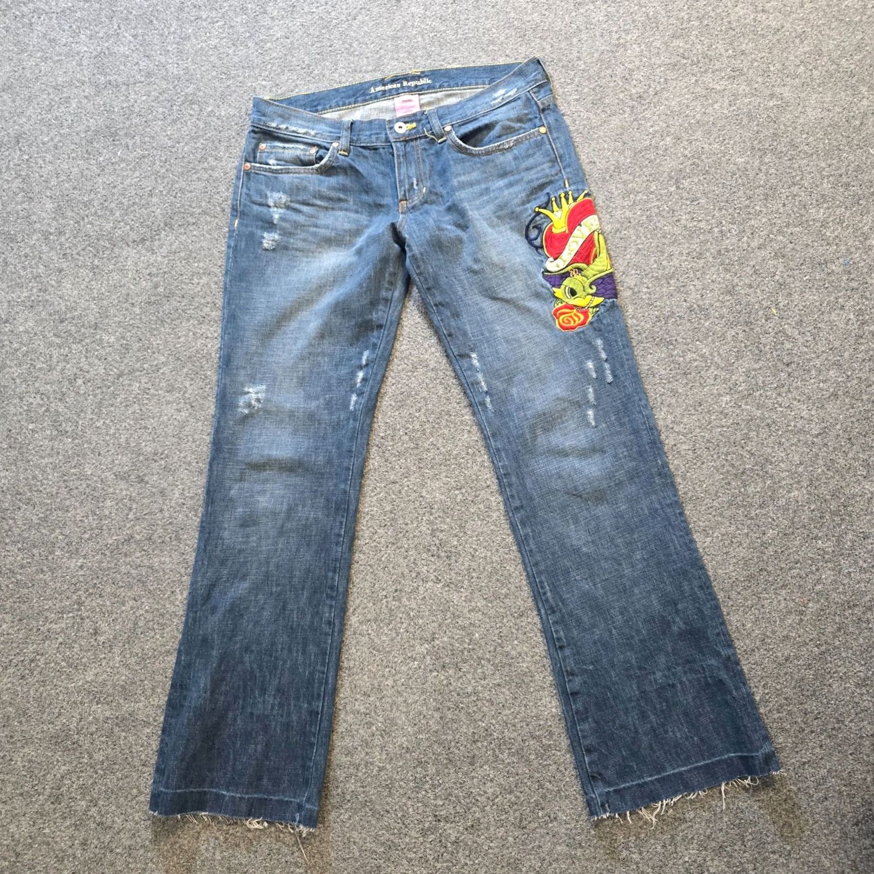 Vintage VINTAGE American Republic Jeans Women Size 29 Blue Flare Embroidery Low Rise Capsule Y2K Size 29" - 2 Thumbnail