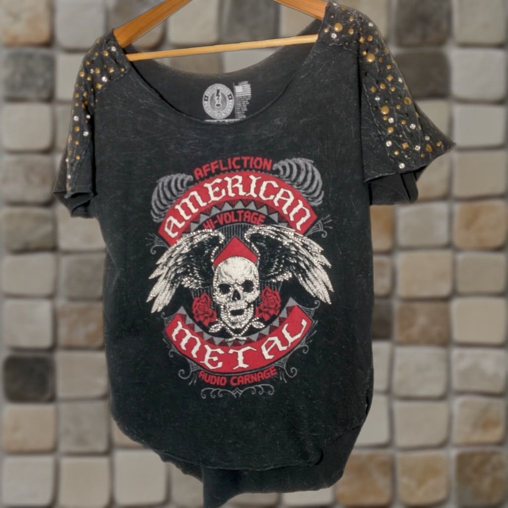 Affliction VINTAGE Affliction Women’s T-Shirt Casual Short Sleeve Round Neck 100% Cotton Black Acid Wash Studded Distressed Metal Style Size L / US 10 / IT 46 - 1 Thumbnail