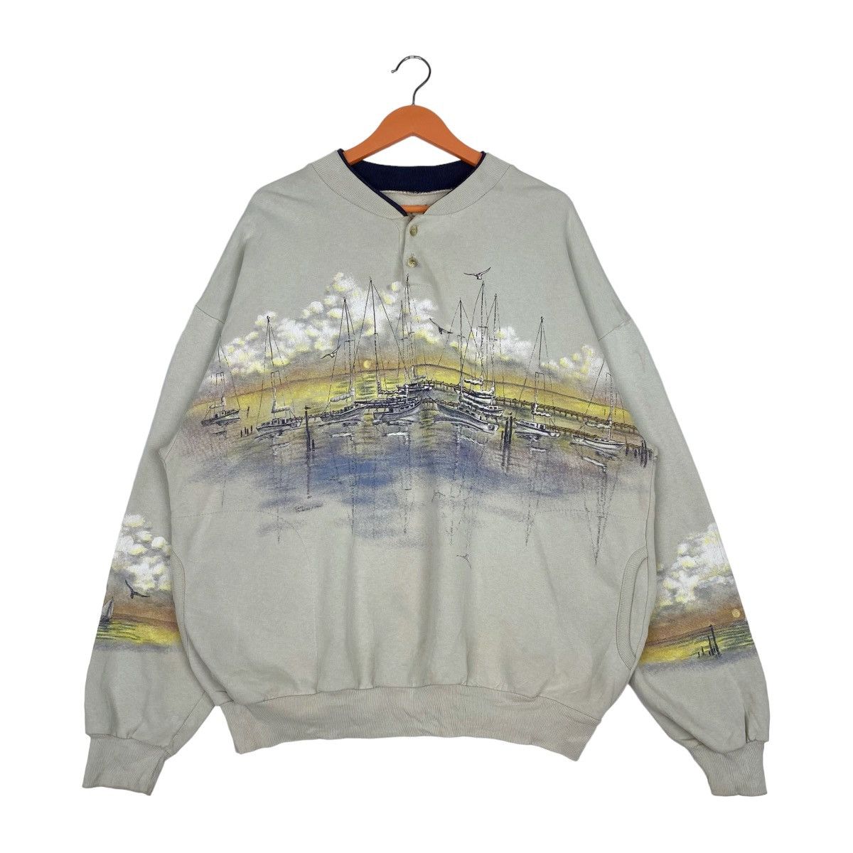 Designer × Vintage Sailboat Sunset Half Button Sweatshirt Pullover Jumper Size US XL / EU 56 / 4 - 1 Thumbnail